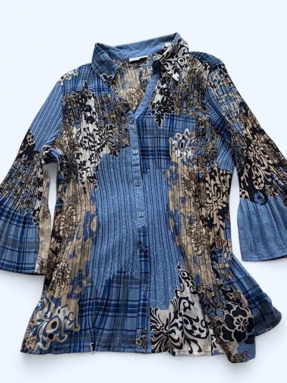 Vintage Y2K Fashion Bug Blue Patchwork Pleated Bell Sleeve Blouse S/M